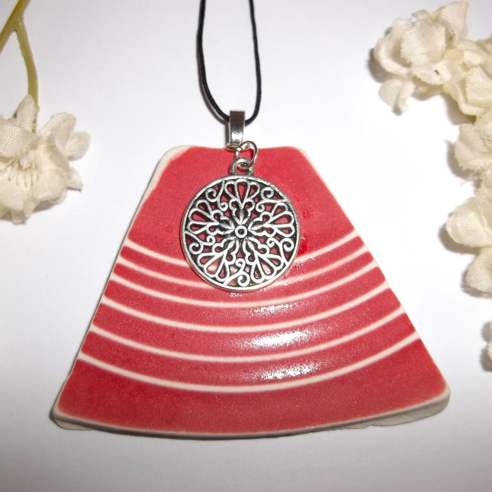 Red & Silver Statement Necklace Pendant Charm Medallion Tie Cord Adjustable C021